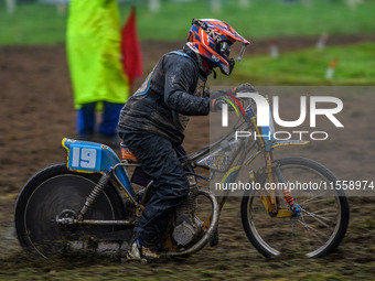 Dave Mears (19) competes in the 350cc Upright Class with overalls over his kevlars during the ACU British Upright Championships in Gawsworth...