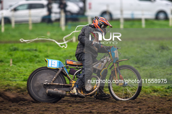 Dave Mears (19) competes in the 350cc Upright Class with overalls over his kevlars during the ACU British Upright Championships in Gawsworth...