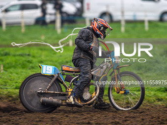 Dave Mears (19) competes in the 350cc Upright Class with overalls over his kevlars during the ACU British Upright Championships in Gawsworth...