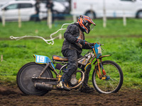 Dave Mears (19) competes in the 350cc Upright Class with overalls over his kevlars during the ACU British Upright Championships in Gawsworth...