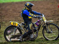 Tony Atkin (10) leaves the start and tries to hang on to his machine in the 500cc Upright Class during the ACU British Upright Championships...