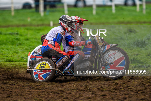 Nick Bull and Sam Hall (500) compete in the 500cc Sidecar Class during the ACU British Upright Championships in Gawsworth, Cheshire, on Sept...