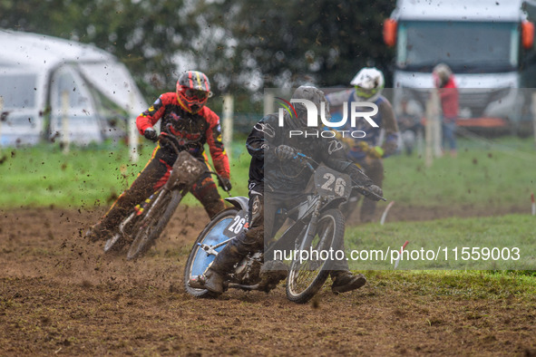 Charlie Hall (26) leads Adam Hawker (50) in the GT140 Support Class during the ACU British Upright Championships in Gawsworth, Cheshire, on...