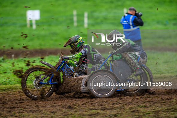 Billy Winterburn and Ryan Wharton (94) compete in the 1000cc Sidecar Class during the ACU British Upright Championships at Woodhouse Lance i...