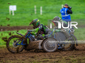 Billy Winterburn and Ryan Wharton (94) compete in the 1000cc Sidecar Class during the ACU British Upright Championships at Woodhouse Lance i...