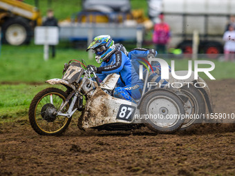 Rob Bradley and Josh Fowler (87) compete in the 1000cc Sidecar Class during the ACU British Upright Championships in Woodhouse Lance, Gawswo...