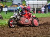 Steve Adams and Johnny Childs (59) compete in the 1000cc Sidecar Class during the ACU British Upright Championships in Woodhouse Lance, Gaws...