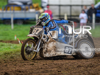 Rob Bradley and Josh Fowler (87) compete in the 1000cc Sidecar Class during the ACU British Upright Championships in Woodhouse Lance, Gawswo...