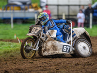 Rob Bradley and Josh Fowler (87) compete in the 1000cc Sidecar Class during the ACU British Upright Championships in Woodhouse Lance, Gawswo...