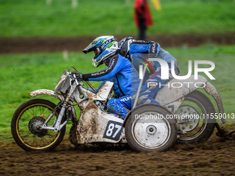 Rob Bradley and Josh Fowler (87) compete in the 1000cc Sidecar Class during the ACU British Upright Championships in Woodhouse Lance, Gawswo...