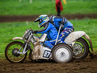 Rob Bradley and Josh Fowler (87) compete in the 1000cc Sidecar Class during the ACU British Upright Championships in Woodhouse Lance, Gawswo...