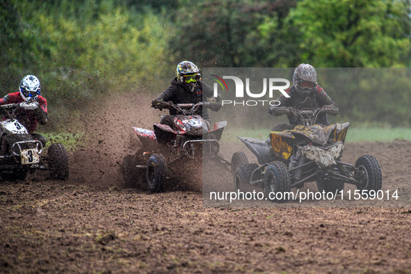 Iestyn Rees (95) leads Ethan Williams (57) and Dean Morford (3) in the Quad Class during the ACU British Upright Championships in Gawsworth,...