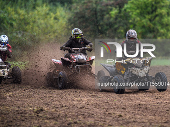 Iestyn Rees (95) leads Ethan Williams (57) and Dean Morford (3) in the Quad Class during the ACU British Upright Championships in Gawsworth,...