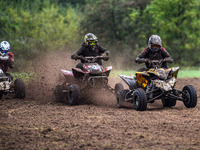 Iestyn Rees (95) leads Ethan Williams (57) and Dean Morford (3) in the Quad Class during the ACU British Upright Championships in Gawsworth,...