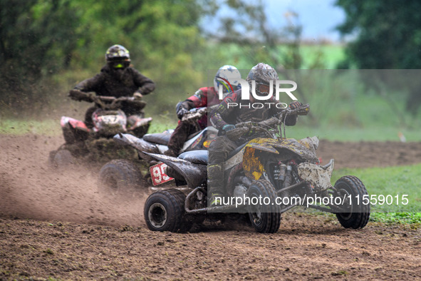 Iestyn Rees (95) leads Ethan Williams (57) and Dean Morford (3) in the Quad Class during the ACU British Upright Championships in Gawsworth,...