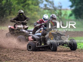 Iestyn Rees (95) leads Ethan Williams (57) and Dean Morford (3) in the Quad Class during the ACU British Upright Championships in Gawsworth,...