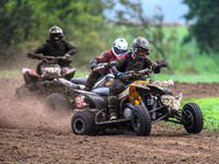 Iestyn Rees (95) leads Ethan Williams (57) and Dean Morford (3) in the Quad Class during the ACU British Upright Championships in Gawsworth,...