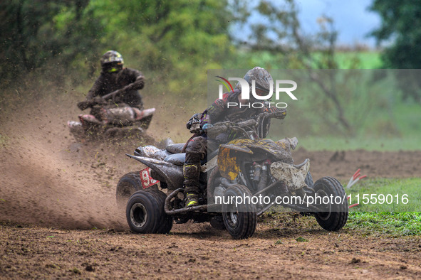 Iestyn Rees (95) leads Ethan Williams (57) and Dean Morford (3) in the Quad Class during the ACU British Upright Championships in Gawsworth,...