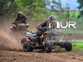 Iestyn Rees (95) leads Ethan Williams (57) and Dean Morford (3) in the Quad Class during the ACU British Upright Championships in Gawsworth,...