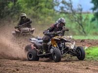 Iestyn Rees (95) leads Ethan Williams (57) and Dean Morford (3) in the Quad Class during the ACU British Upright Championships in Gawsworth,...