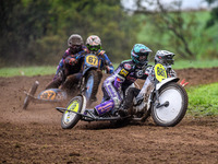 Phill Rowlands and Tom Rowlands (886) lead Richard Fred Jenner and Scott Gutteridge (87) in the 500cc Sidecar Final during the ACU British U...