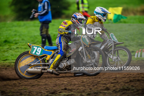 Rick Scarboro (79) leads stw501 in the 250cc Support Class Final during the ACU British Upright Championships in Gawsworth, Cheshire, on Sep...