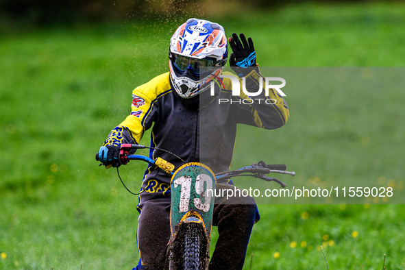 Rick Scarboro (79) celebrates his win during the ACU British Upright Championships in Gawsworth, Cheshire, on September 8, 2024. 