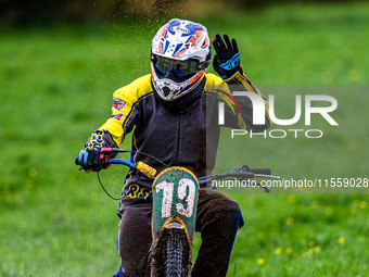 Rick Scarboro (79) celebrates his win during the ACU British Upright Championships in Gawsworth, Cheshire, on September 8, 2024. (