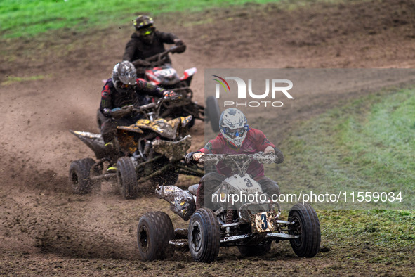 Dean Morford (3) leads Iestyn Rees (95) in the Quad Class Final during the ACU British Upright Championships in Gawsworth, Cheshire, on Sept...