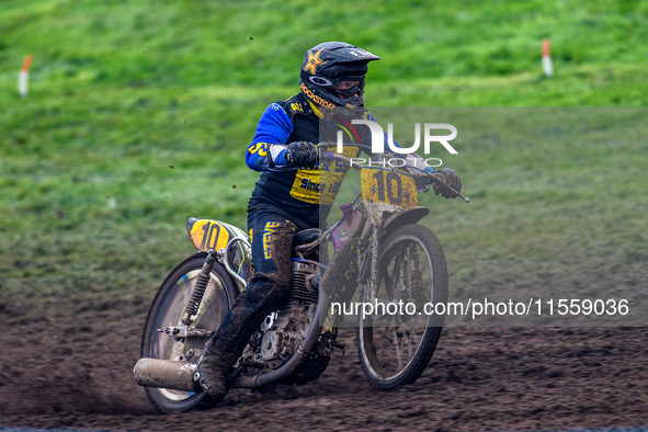 Tony Atkin (10) leads the Upright 500cc Final during the ACU British Upright Championships in Gawsworth, Cheshire, on September 8, 2024. 