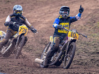 Tony Atkin (10) celebrates winning the British Upright 500cc Championship ahead of Tim Curnock (726) during the ACU British Upright Champion...