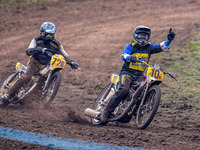 Tony Atkin (10) celebrates winning the British Upright 500cc Championship ahead of Tim Curnock (726) during the ACU British Upright Champion...