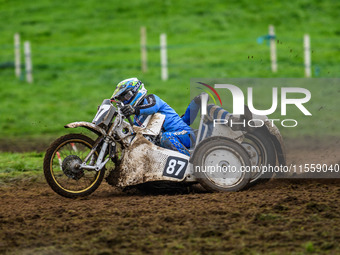 Rob Bradley and Josh Fowler (87) lead the 1000cc Sidecar Final during the ACU British Upright Championships in Woodhouse Lance, Gawsworth, C...