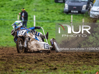 Rob Bradley and Josh Fowler (87) lead in the 1000cc Sidecar Class Final during the ACU British Upright Championships in Gawsworth, Cheshire,...