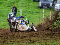 Rob Bradley and Josh Fowler (87) lead in the 1000cc Sidecar Class Final during the ACU British Upright Championships in Gawsworth, Cheshire,...