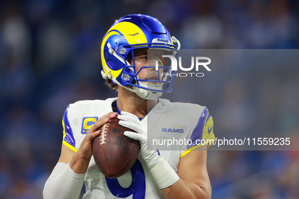 DETROIT,MICHIGAN-SEPTEMBER 9: Quarterback Matthew Stafford (9) of the Los Angeles Rams prepares to throw the ball ahead of a game between th...