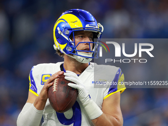 DETROIT,MICHIGAN-SEPTEMBER 9: Quarterback Matthew Stafford (9) of the Los Angeles Rams prepares to throw the ball ahead of a game between th...