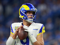 DETROIT,MICHIGAN-SEPTEMBER 9: Quarterback Matthew Stafford (9) of the Los Angeles Rams prepares to throw the ball ahead of a game between th...