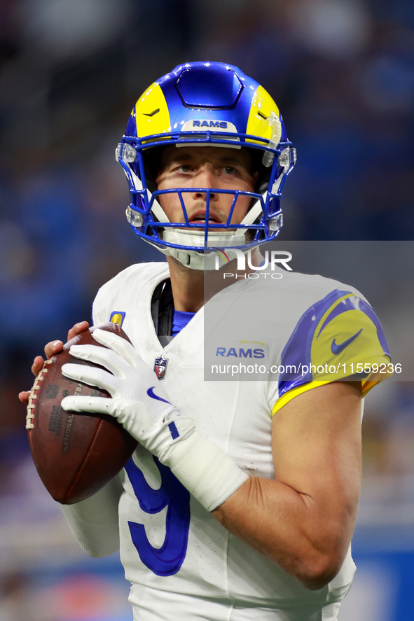 DETROIT,MICHIGAN-SEPTEMBER 9: Quarterback Matthew Stafford (9) of the Los Angeles Rams prepares to throw the ball ahead of a game between th...