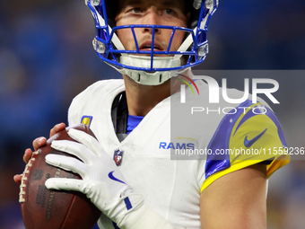 DETROIT,MICHIGAN-SEPTEMBER 9: Quarterback Matthew Stafford (9) of the Los Angeles Rams prepares to throw the ball ahead of a game between th...