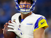 DETROIT,MICHIGAN-SEPTEMBER 9: Quarterback Matthew Stafford (9) of the Los Angeles Rams prepares to throw the ball ahead of a game between th...