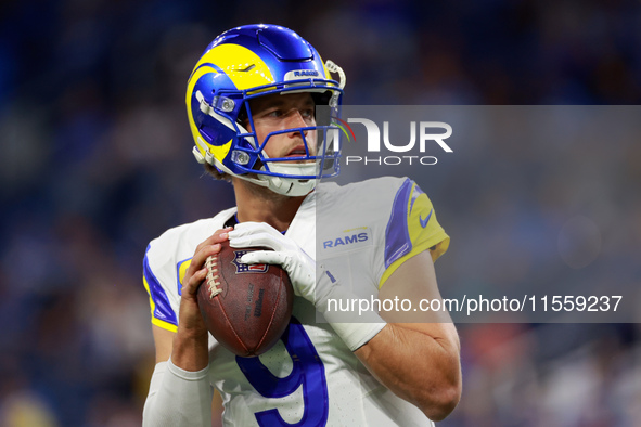 DETROIT,MICHIGAN-SEPTEMBER 9: Quarterback Matthew Stafford (9) of the Los Angeles Rams prepares to throw the ball ahead of a game between th...