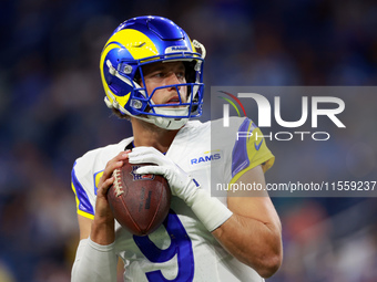 DETROIT,MICHIGAN-SEPTEMBER 9: Quarterback Matthew Stafford (9) of the Los Angeles Rams prepares to throw the ball ahead of a game between th...