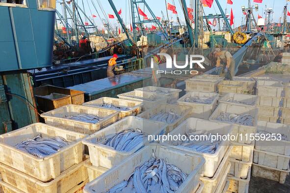 People buy seafood caught at Jimiya fishing port in Qingdao, Shandong province, China, on September 9, 2024. 