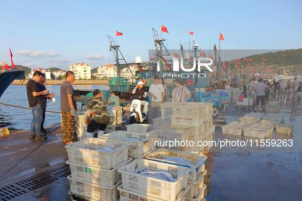 People buy seafood caught at Jimiya fishing port in Qingdao, Shandong province, China, on September 9, 2024. 