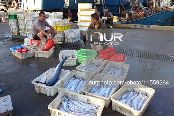 People buy seafood caught at Jimiya fishing port in Qingdao, Shandong province, China, on September 9, 2024. 