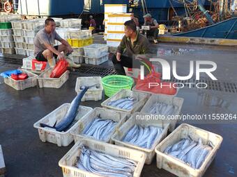 People buy seafood caught at Jimiya fishing port in Qingdao, Shandong province, China, on September 9, 2024. (