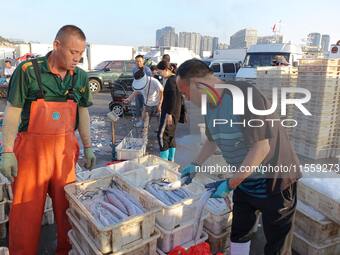 People buy seafood caught at Jimiya fishing port in Qingdao, Shandong province, China, on September 9, 2024. (