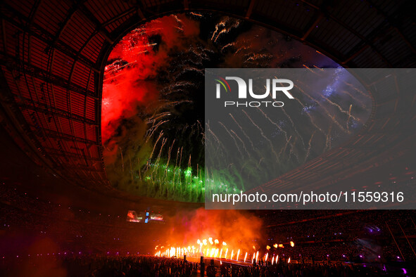 Fireworks explode at Stade de France during the closing ceremony of the Paris 2024 Summer Paralympic Games in Paris, France, on September 8,...