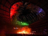 Fireworks explode at Stade de France during the closing ceremony of the Paris 2024 Summer Paralympic Games in Paris, France, on September 8,...